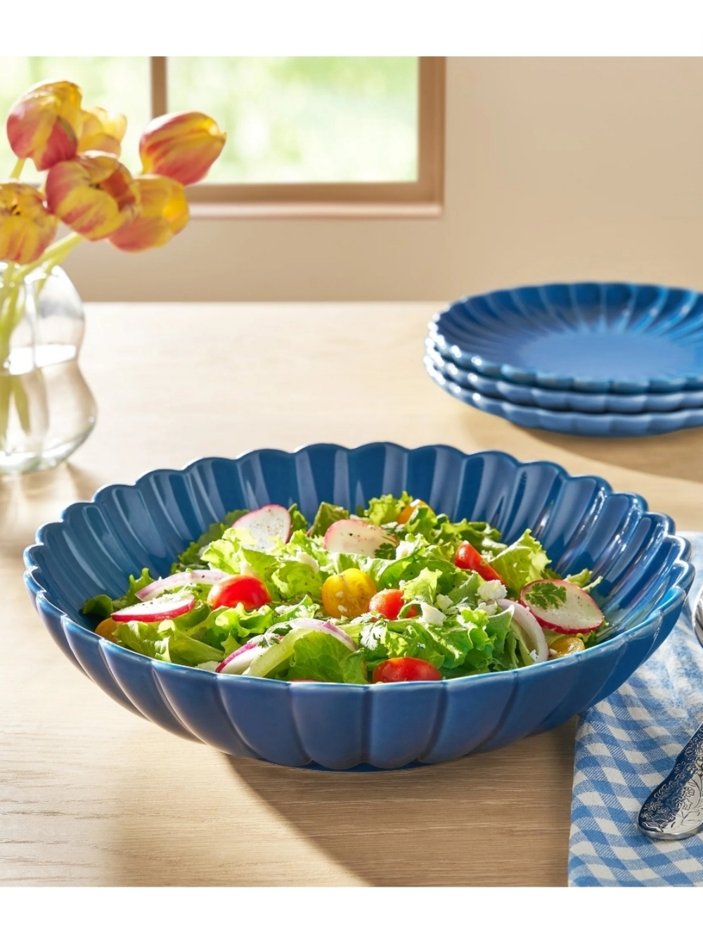 New The Pioneer Woman Colette Blue Scalloped Stoneware Serving Bowl